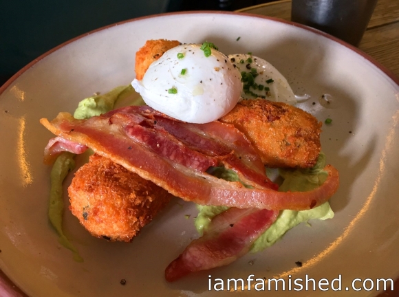 What A Croque Of Bacon (bacon, basil and vintage cheddar croquettes served with bourbon bacon, pea puree and two poached eggs) - Bacon Festival Menu